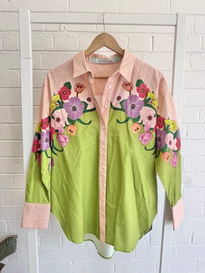 BNWT Bohemian Traders Jewel Floral Long Sleeve Shirt – Chartreuse - Size M