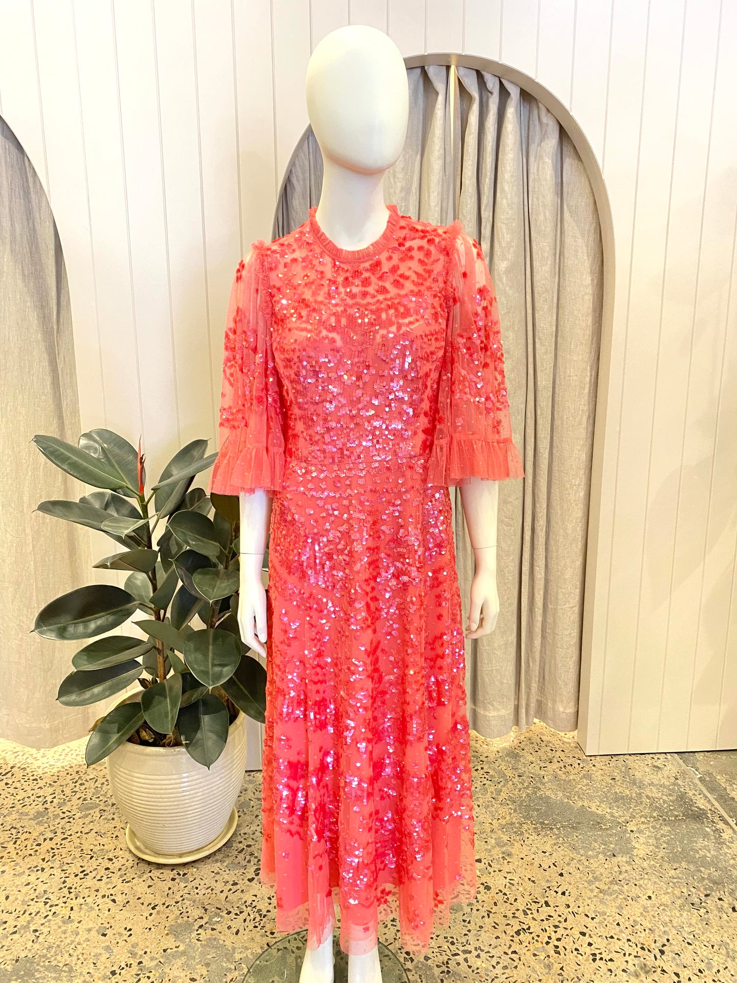 Needle & Thread Anais Sequin Gown in Watermelon Pink - Size 14