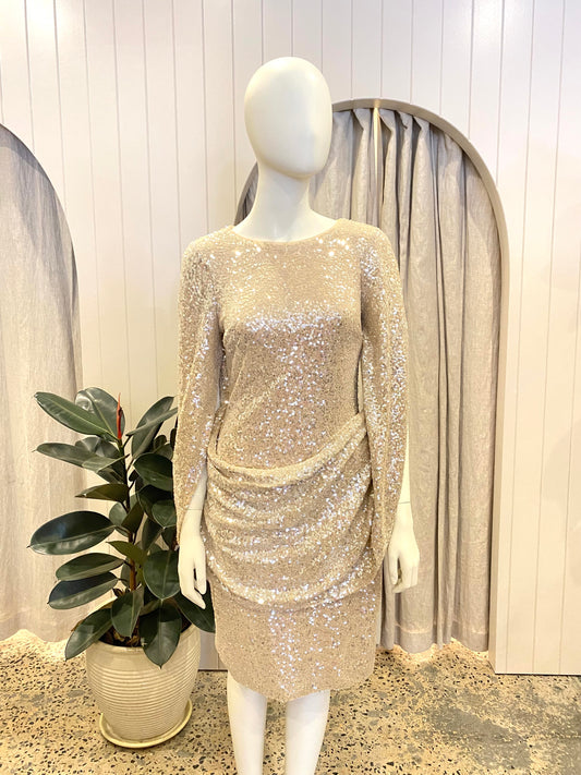 Badgley Mischka Sequin Mini Cape Dress in Champagne - Size 8