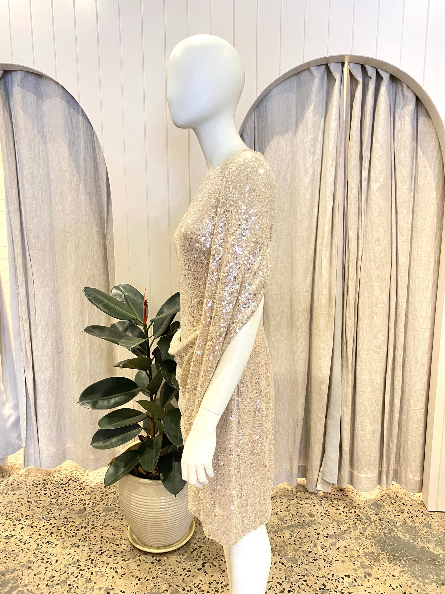 Badgley Mischka Sequin Mini Cape Dress in Champagne - Size 8