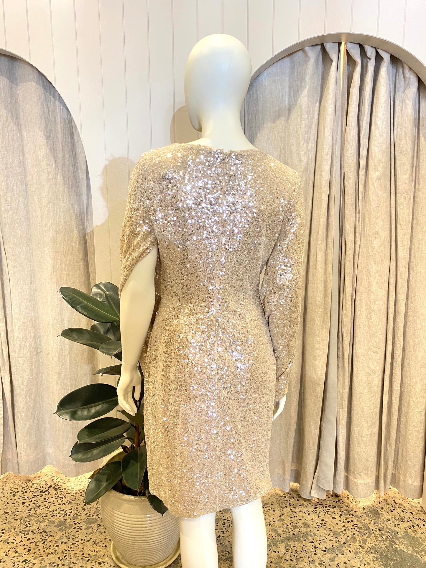 Badgley Mischka Sequin Mini Cape Dress in Champagne - Size 8