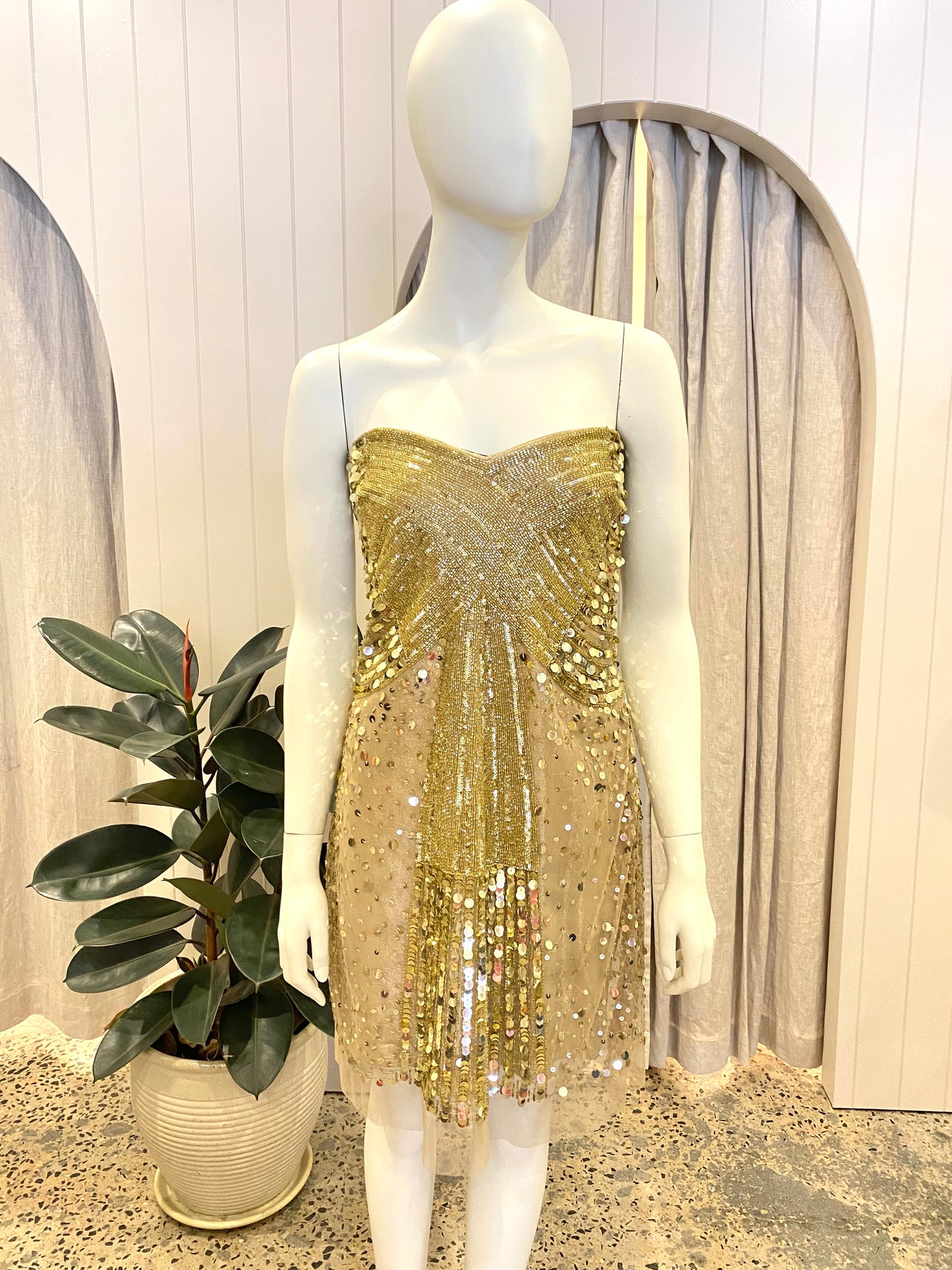 ABS Gold Strapless Sequin Mini Dress - Size 8