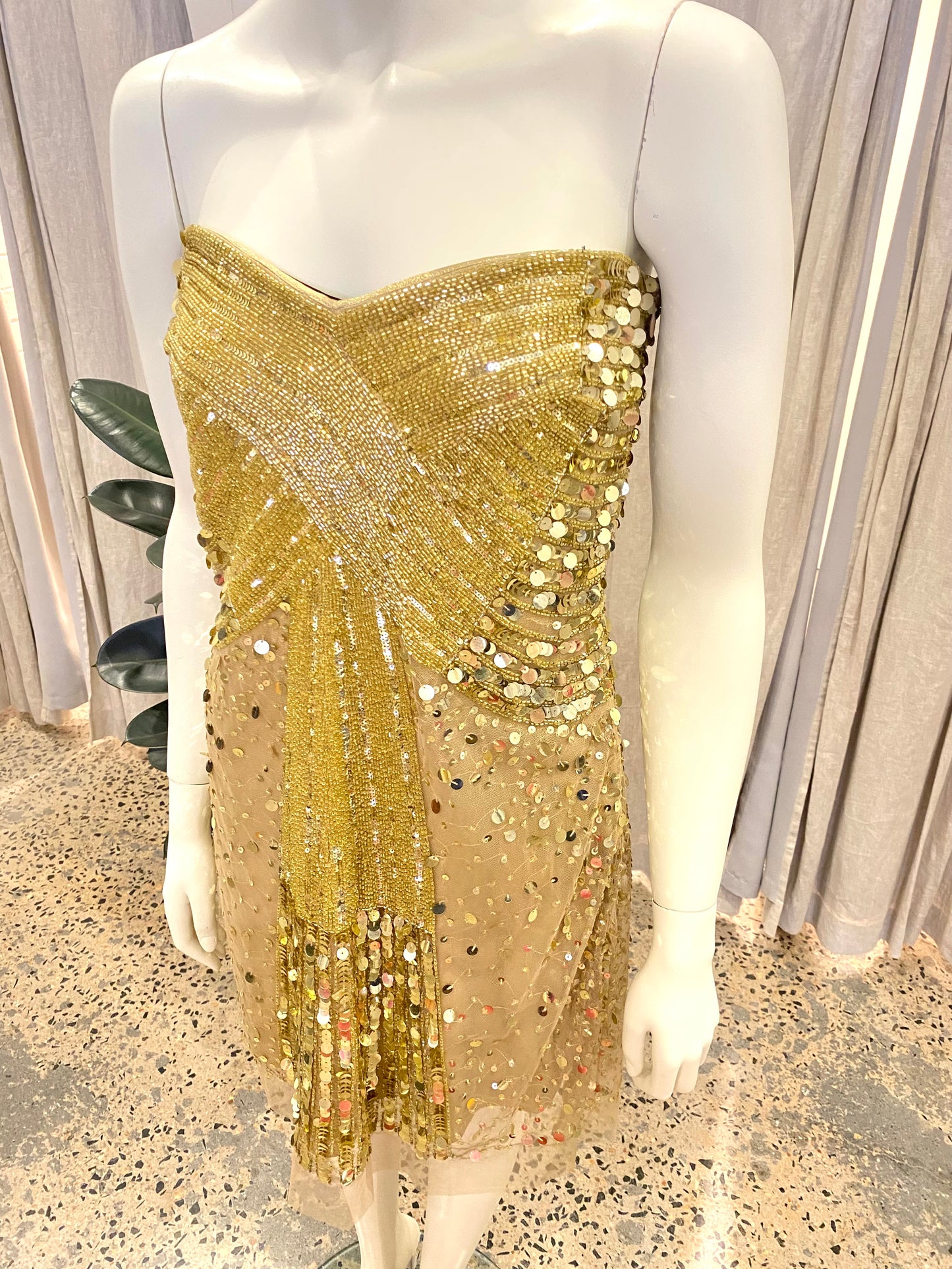 ABS Gold Strapless Sequin Mini Dress - Size 8