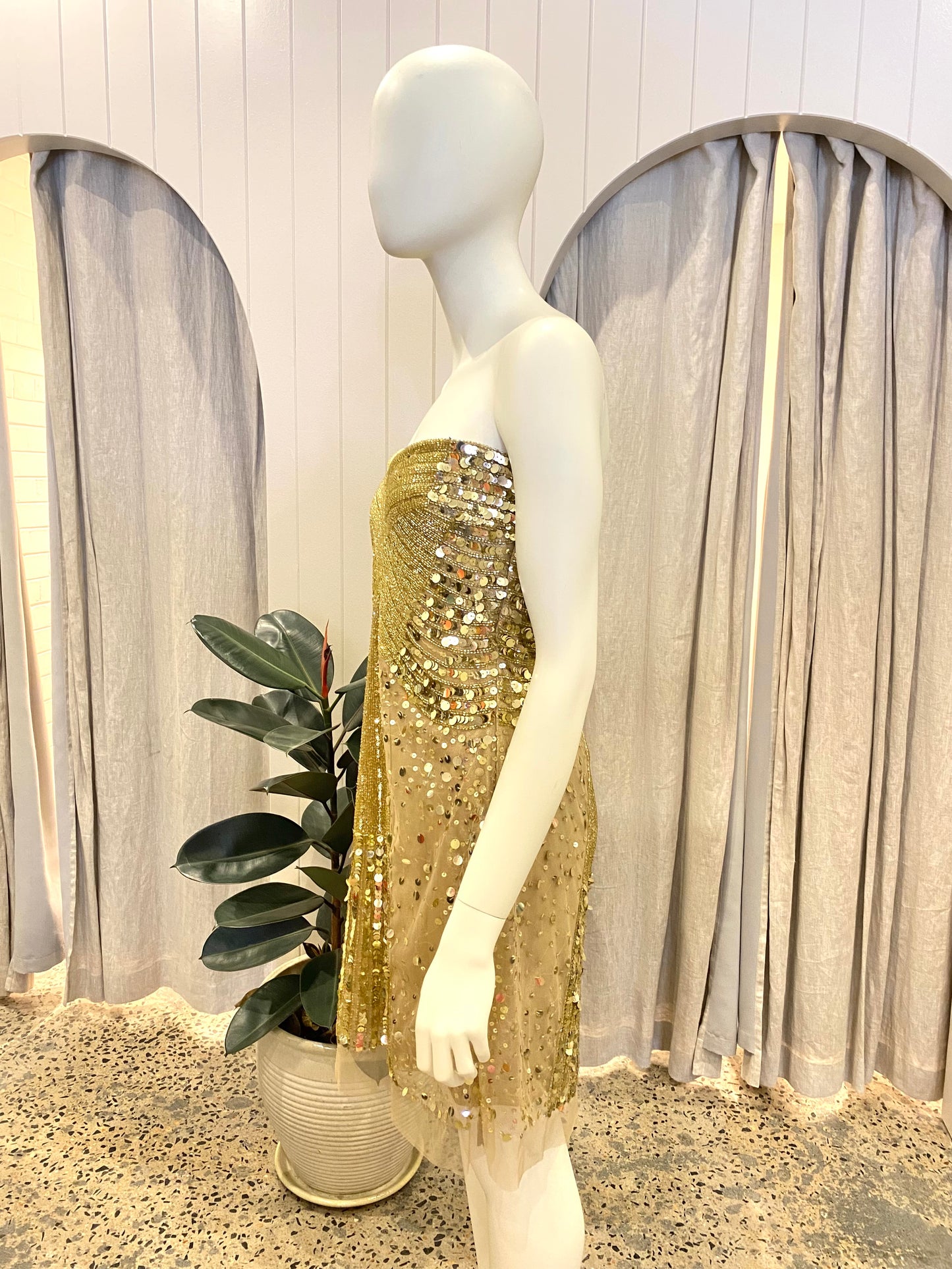 ABS Gold Strapless Sequin Mini Dress - Size 8