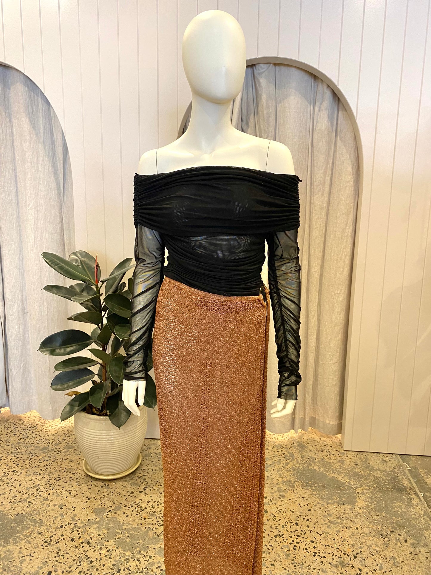 Shona Joy Black Mesh Off Shoulder Top - Size M