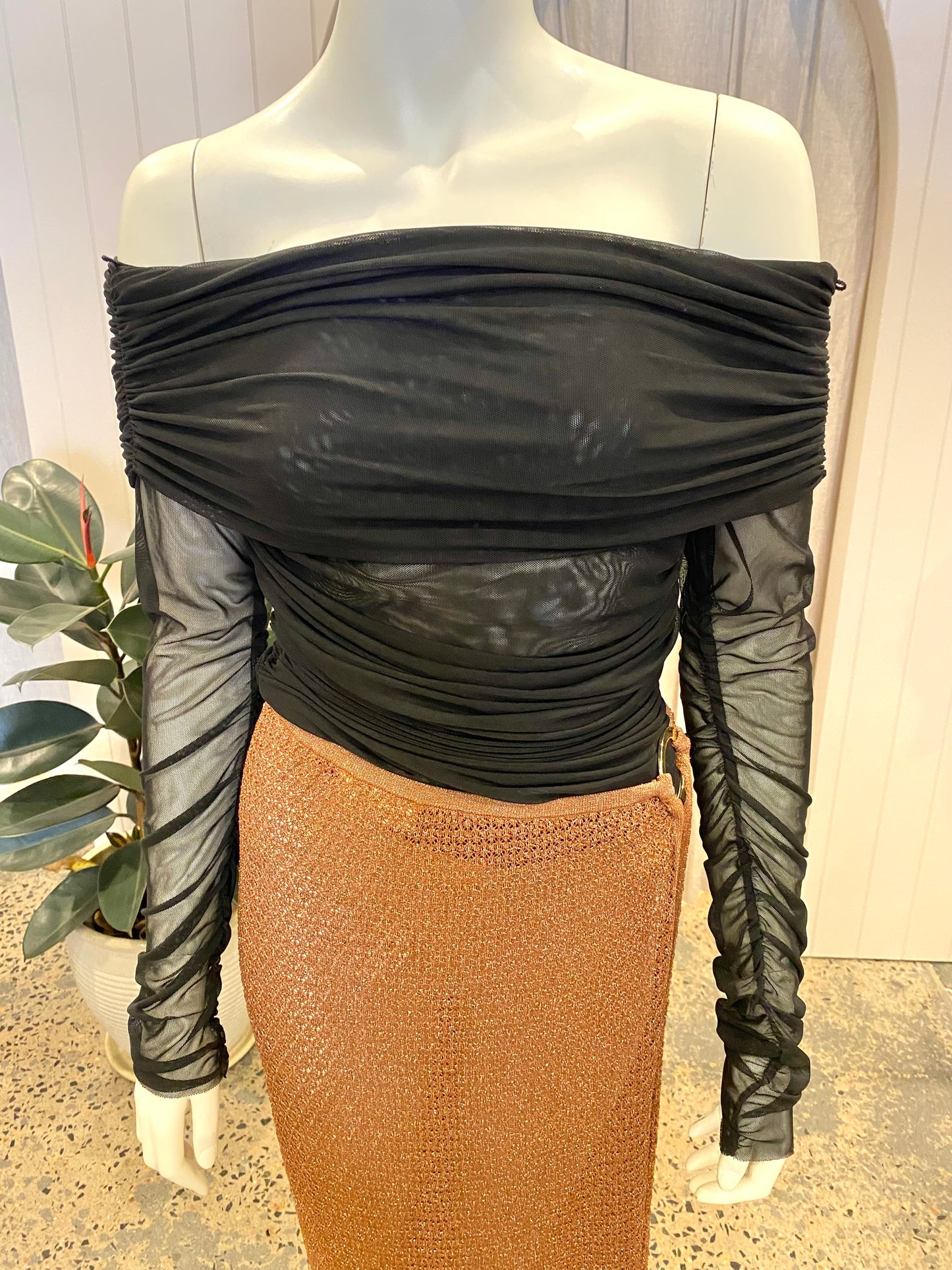 Shona Joy Black Mesh Off Shoulder Top - Size M