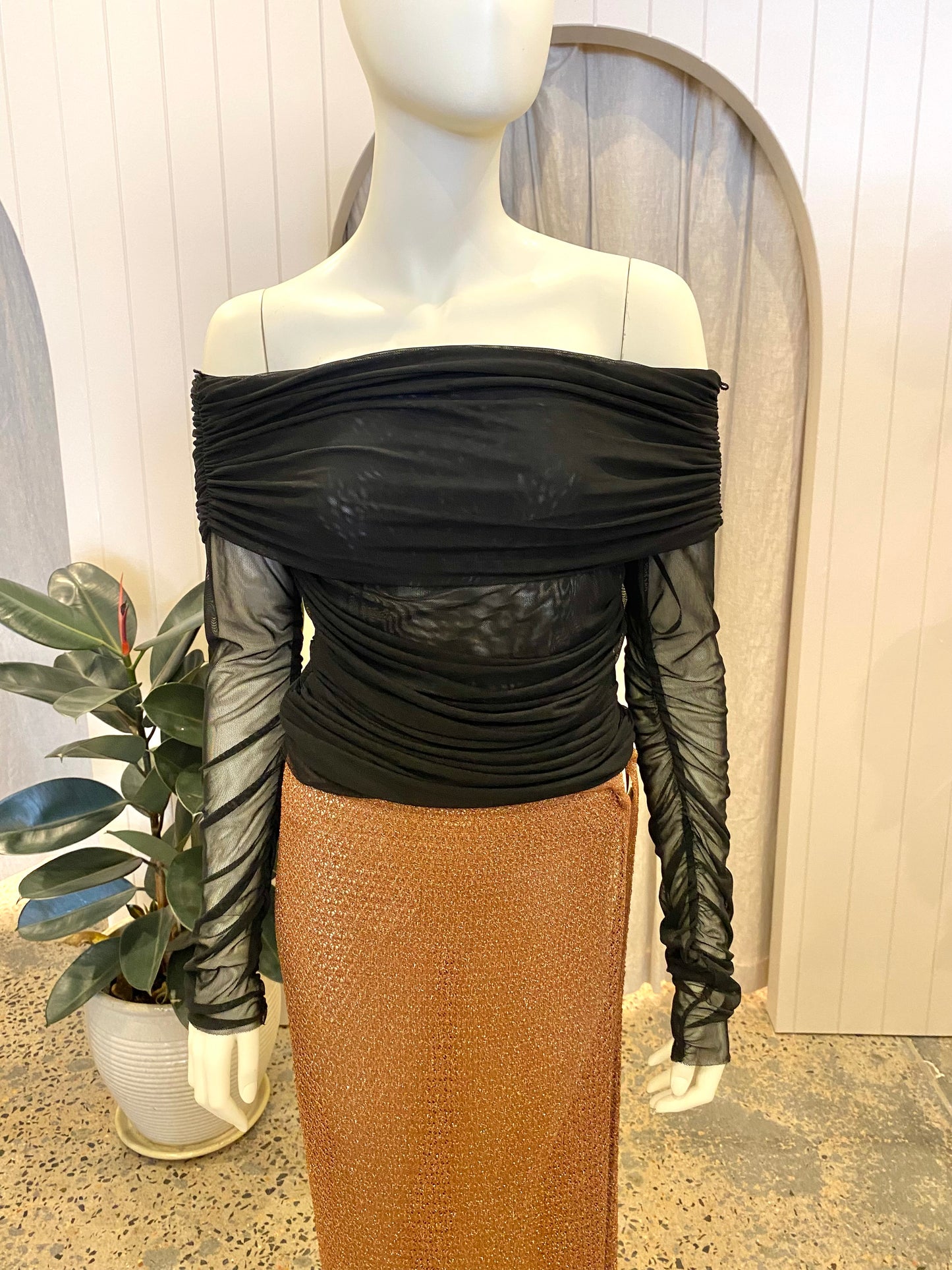 Shona Joy Black Mesh Off Shoulder Top - Size M