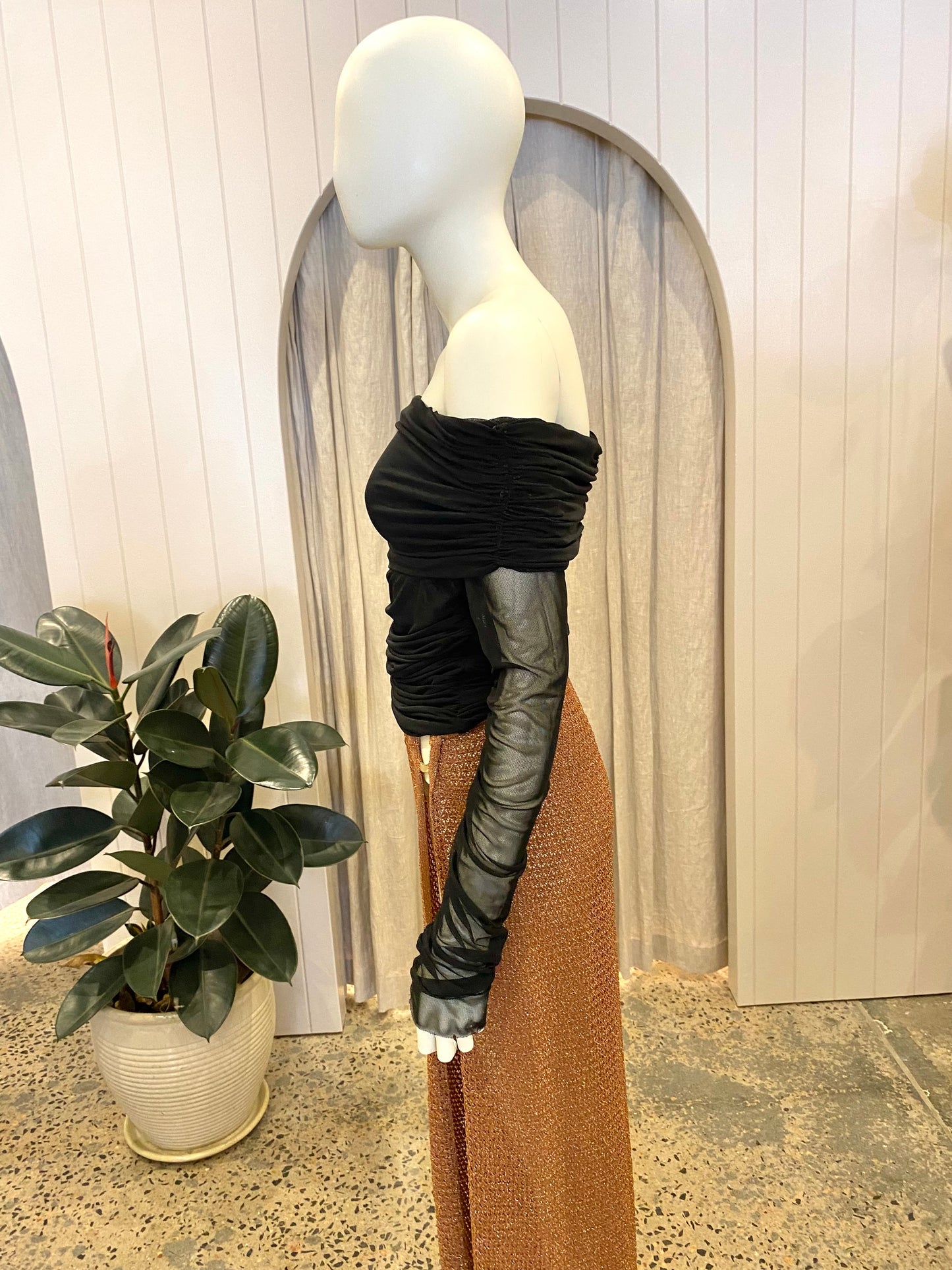 Shona Joy Black Mesh Off Shoulder Top - Size M