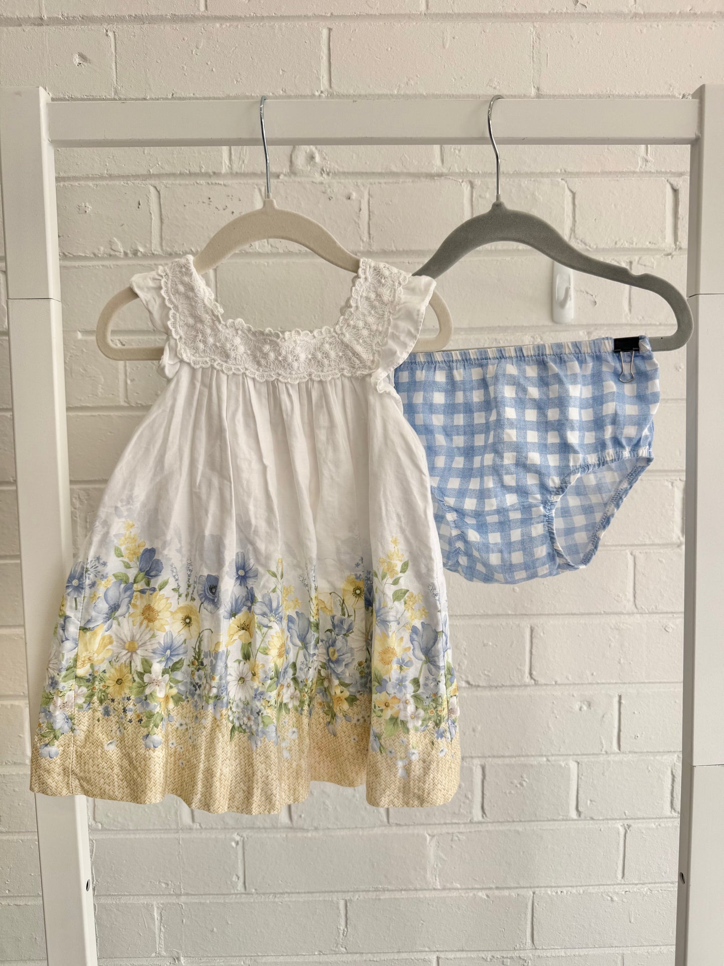 The Mayoral White/Blue Floral Dress and Bloomers - Size 6 - 12m