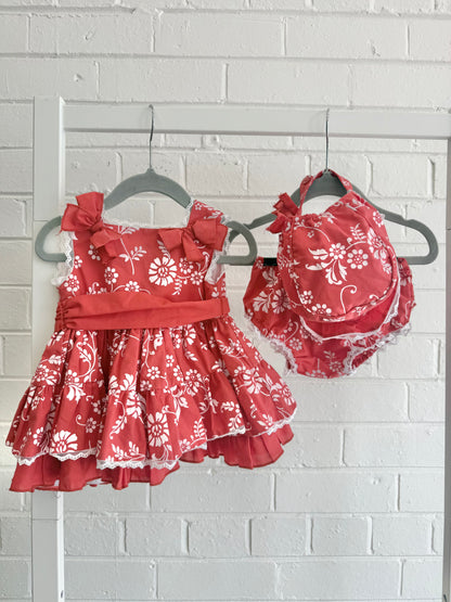 Dolce Petit Red/White Floral Dress, Bloomers and Bonnet - Size 6 - 12m