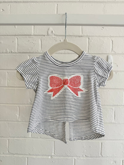 Fox and Finch Navy Stripe Tee With Red Bow - Size 000