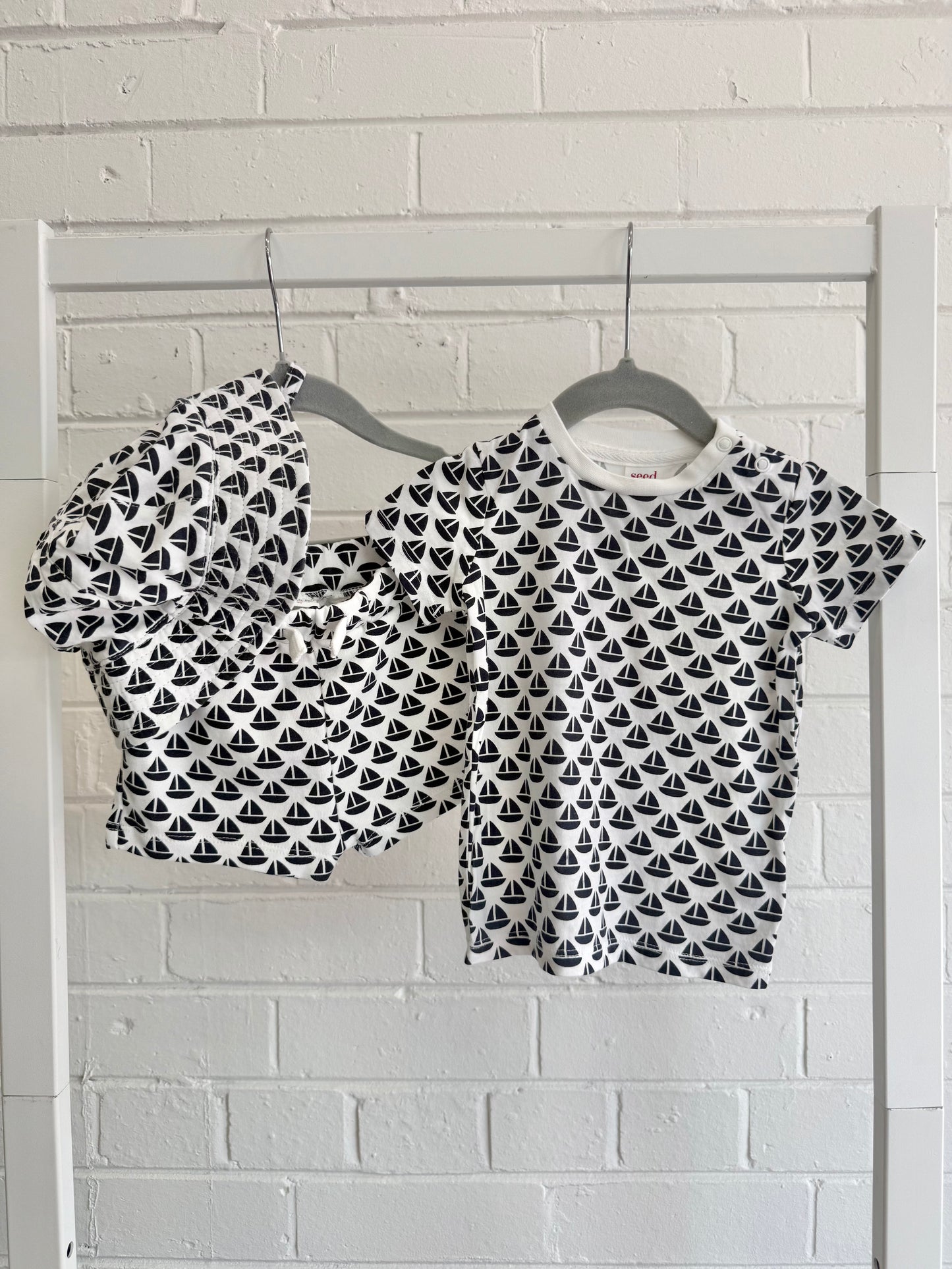 Seed Navy/White Boat Tee, Shorts & Hat Set - Size 3-6m