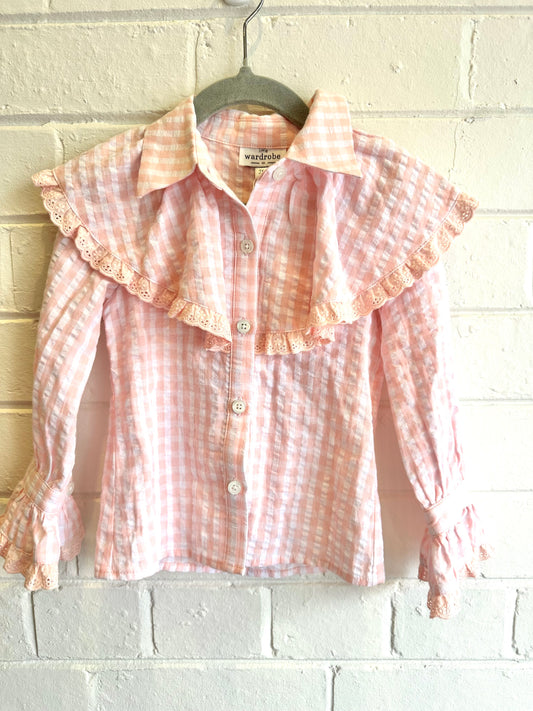 Little wardrobe pink gingham lace blouse - Size 3
