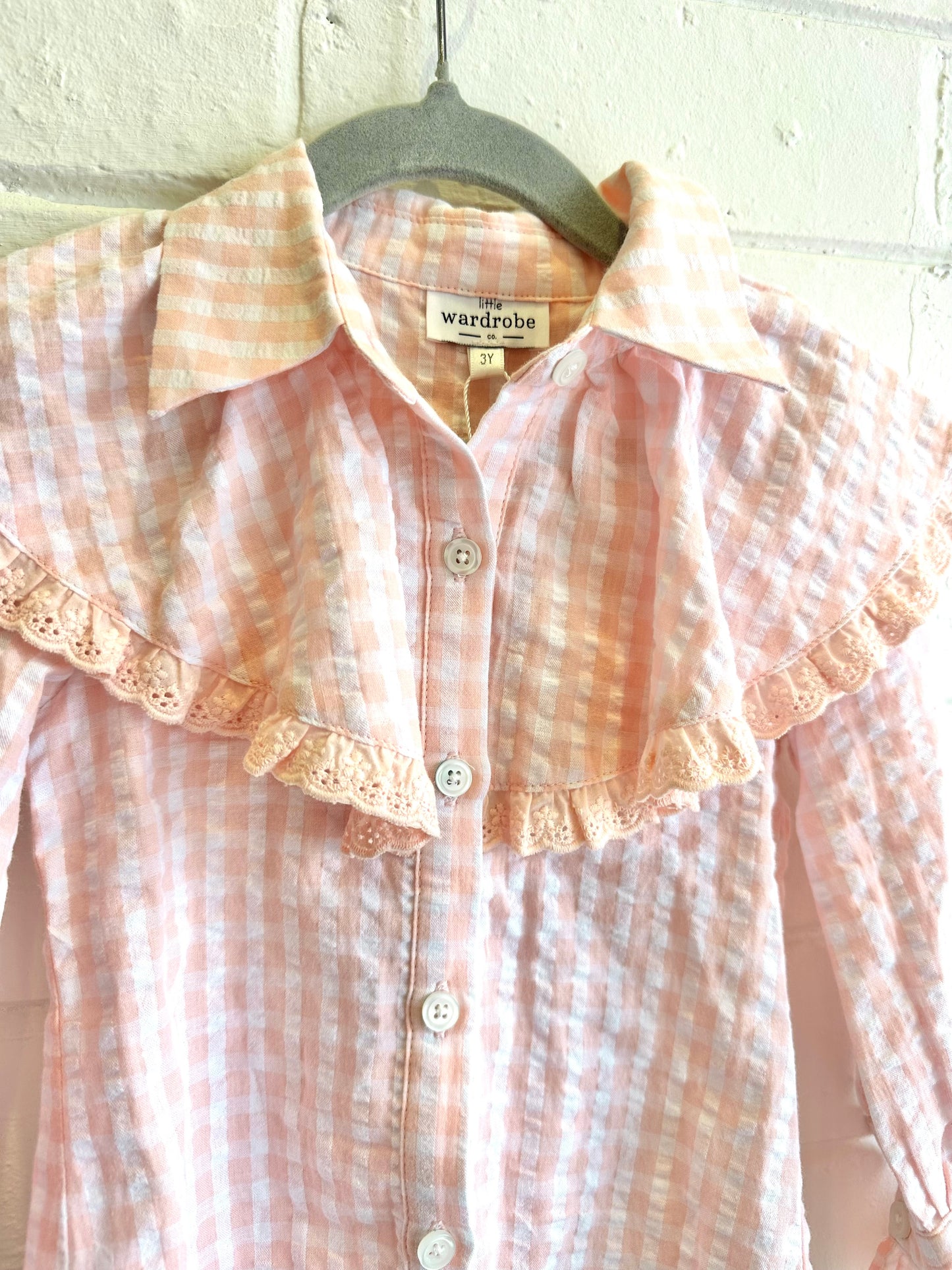 Little wardrobe pink gingham lace blouse - Size 3