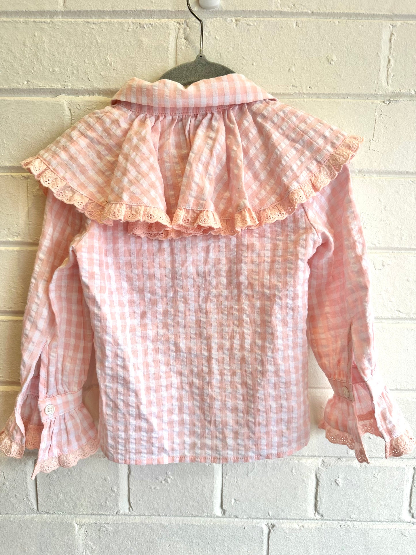 Little wardrobe pink gingham lace blouse - Size 3