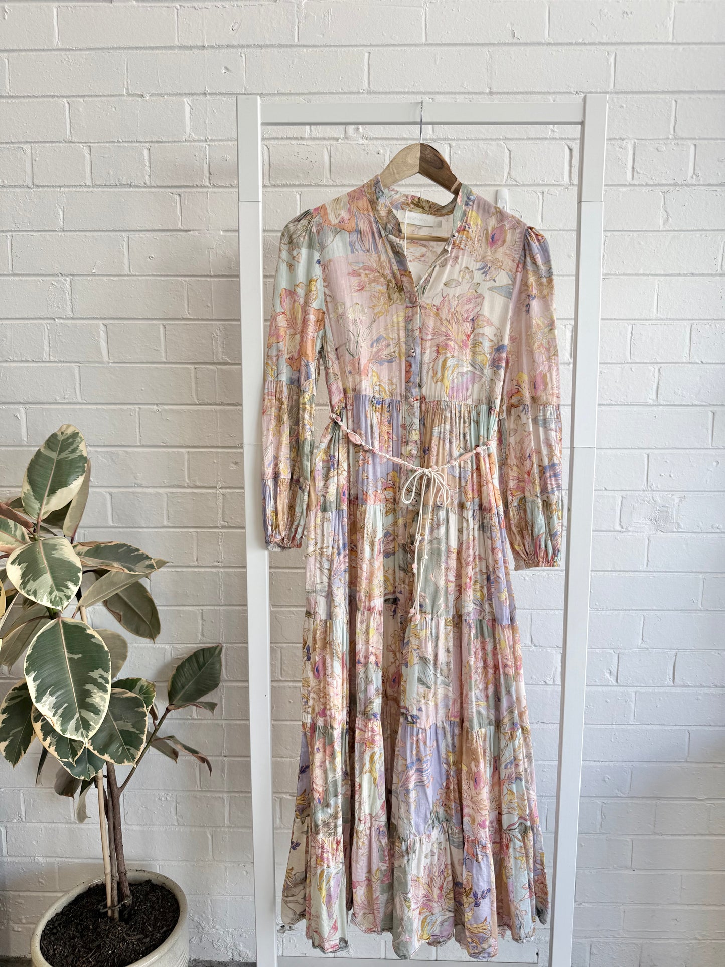 Zimmermann Cira Tiered Shirtdress in Pastel Patch Multi Floral - Size  2 (12)
