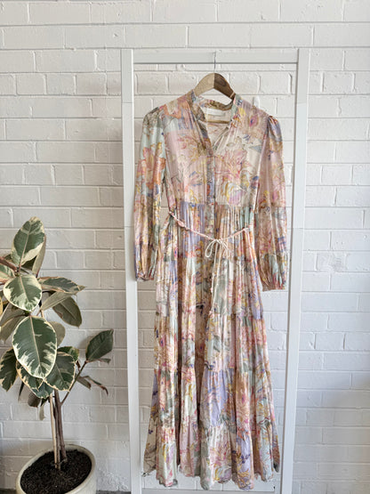 Zimmermann Cira Tiered Shirtdress in Pastel Patch Multi Floral - Size  2 (12)