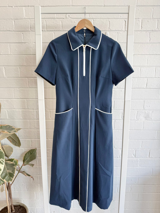 Karen Millen Crepe Tipped Tailored Midi Shirtdress in Navy - Size 10