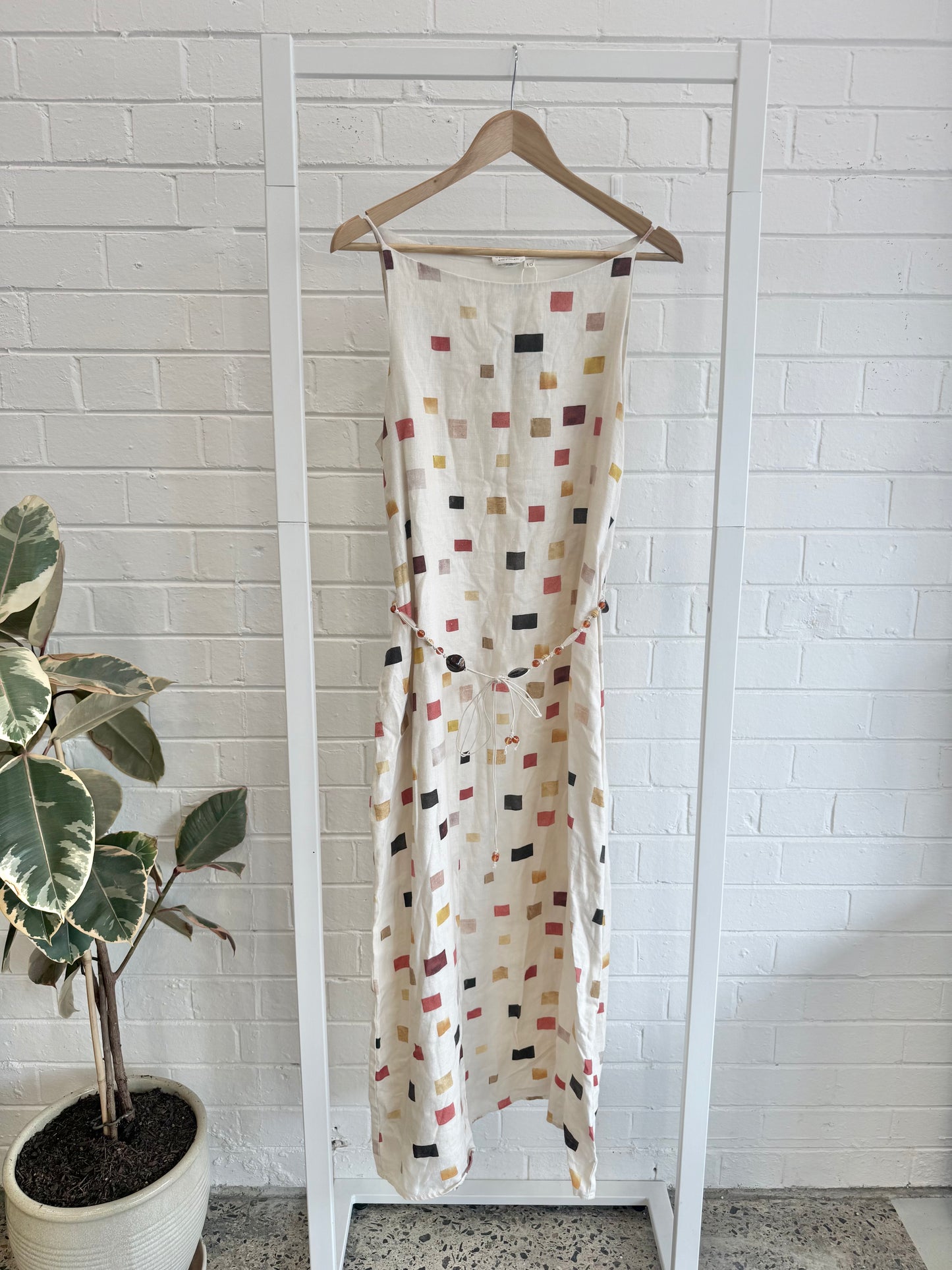 Vrg Girl White Elma Tile Print Belted Linen Midi Dress - Size 10