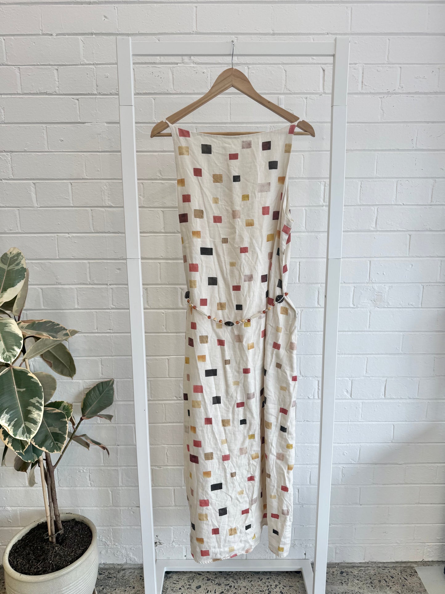 Vrg Girl White Elma Tile Print Belted Linen Midi Dress - Size 10