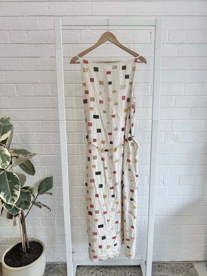 Vrg Girl White Elma Tile Print Belted Linen Midi Dress - Size 10