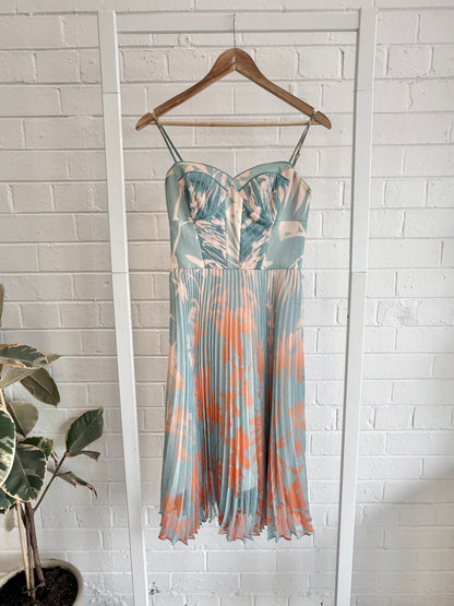 Karen Millen Pleated Midi Dress in Blue/Orange - Size 8