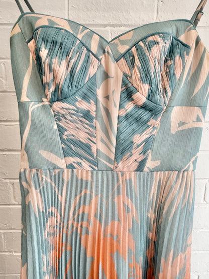 Karen Millen Pleated Midi Dress in Blue/Orange - Size 8
