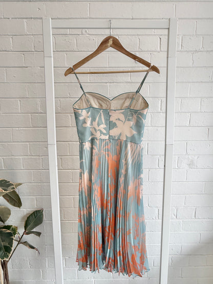 Karen Millen Pleated Midi Dress in Blue/Orange - Size 8