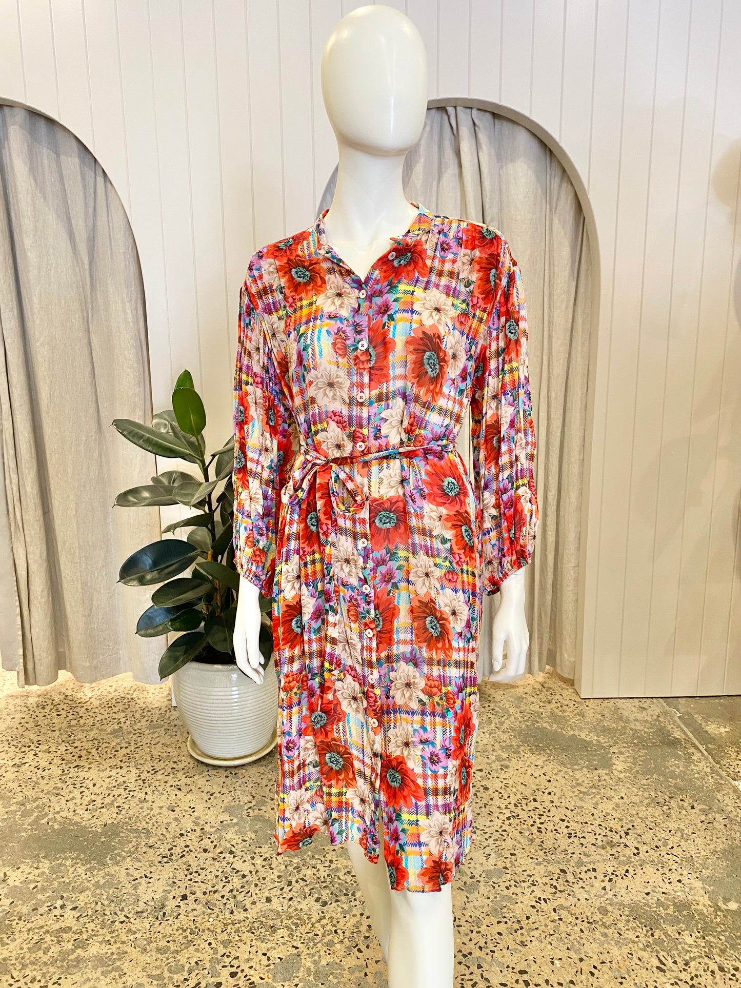 Megan Park Gingham Floral Midi Dress - Size L (12-14)