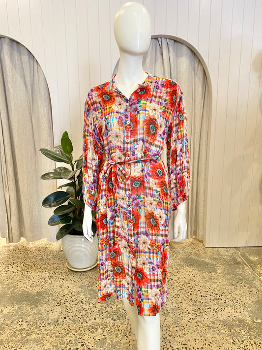 Megan Park Gingham Floral Midi Dress - Size L (12-14)