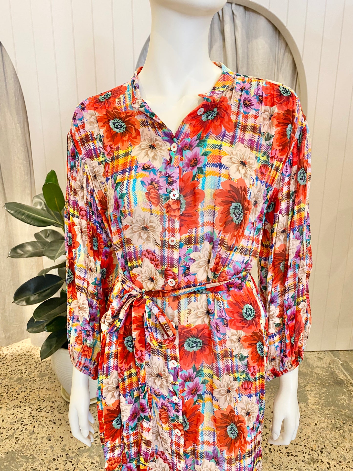 Megan Park Gingham Floral Midi Dress - Size L (12-14)