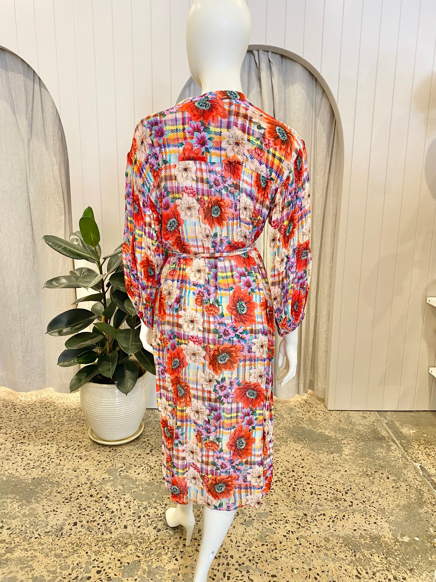 Megan Park Gingham Floral Midi Dress - Size L (12-14)