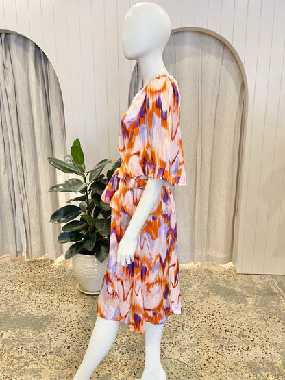 Husk Purple & Orange Watercolour Midi Dress - Size 8