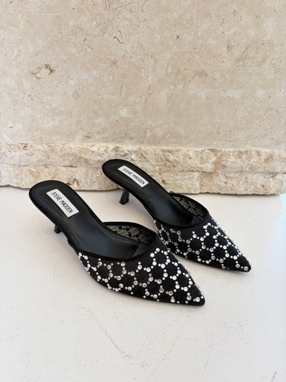 Steve Madden Black and Silver Rhinestone Kitten Heels - Size 7