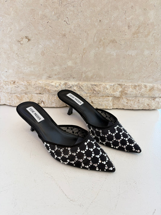Steve Madden Black and Silver Rhinestone Kitten Heels - Size 7