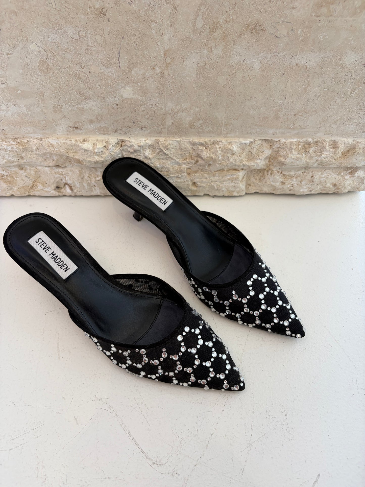 Steve Madden Black and Silver Rhinestone Kitten Heels - Size 7