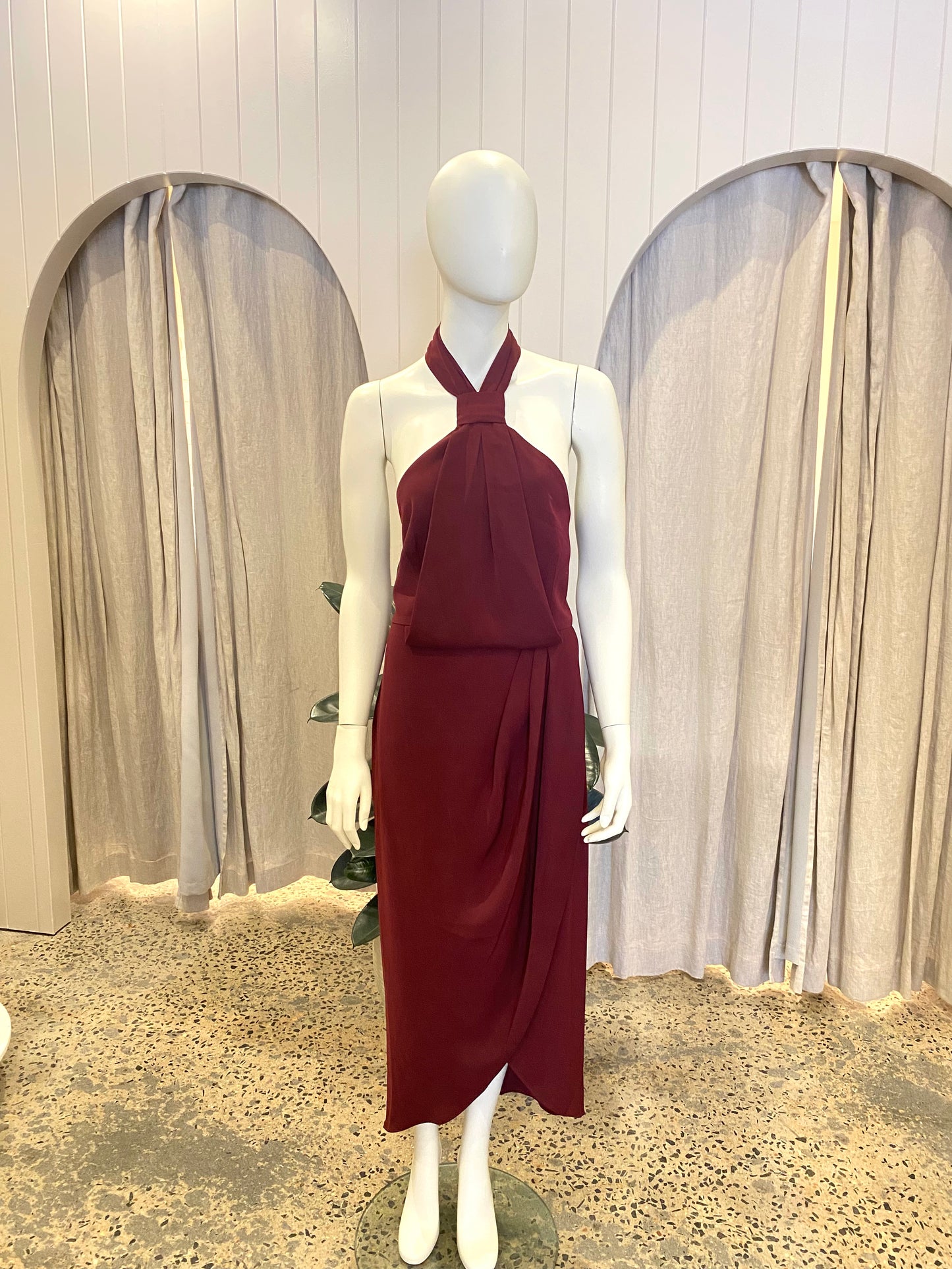 Shona Joy Knot Draped Dress in Burgundy - Size 14