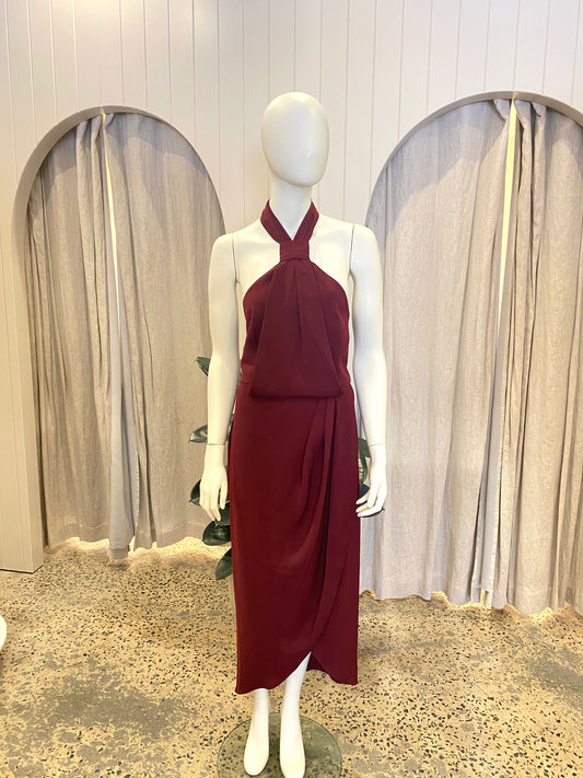 Shona Joy Knot Draped Dress in Burgundy - Size 14