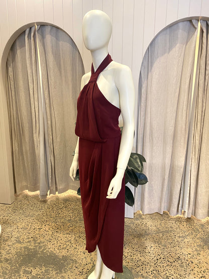 Shona Joy Knot Draped Dress in Burgundy - Size 14