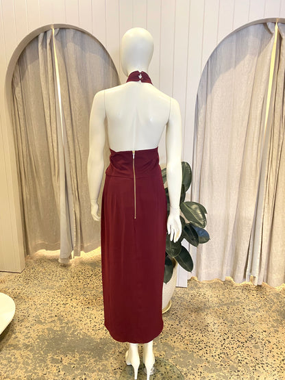 Shona Joy Knot Draped Dress in Burgundy - Size 14