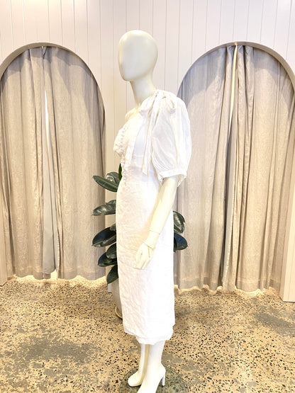 Joslin Florence Linen Midi Dress in White - Size 10