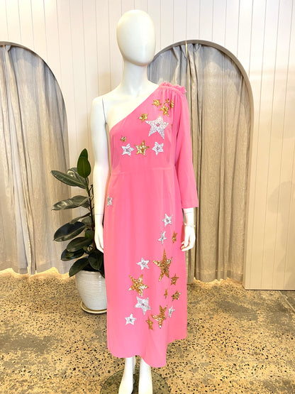 Rixo Pink Star Embroidered Dress - Size 12