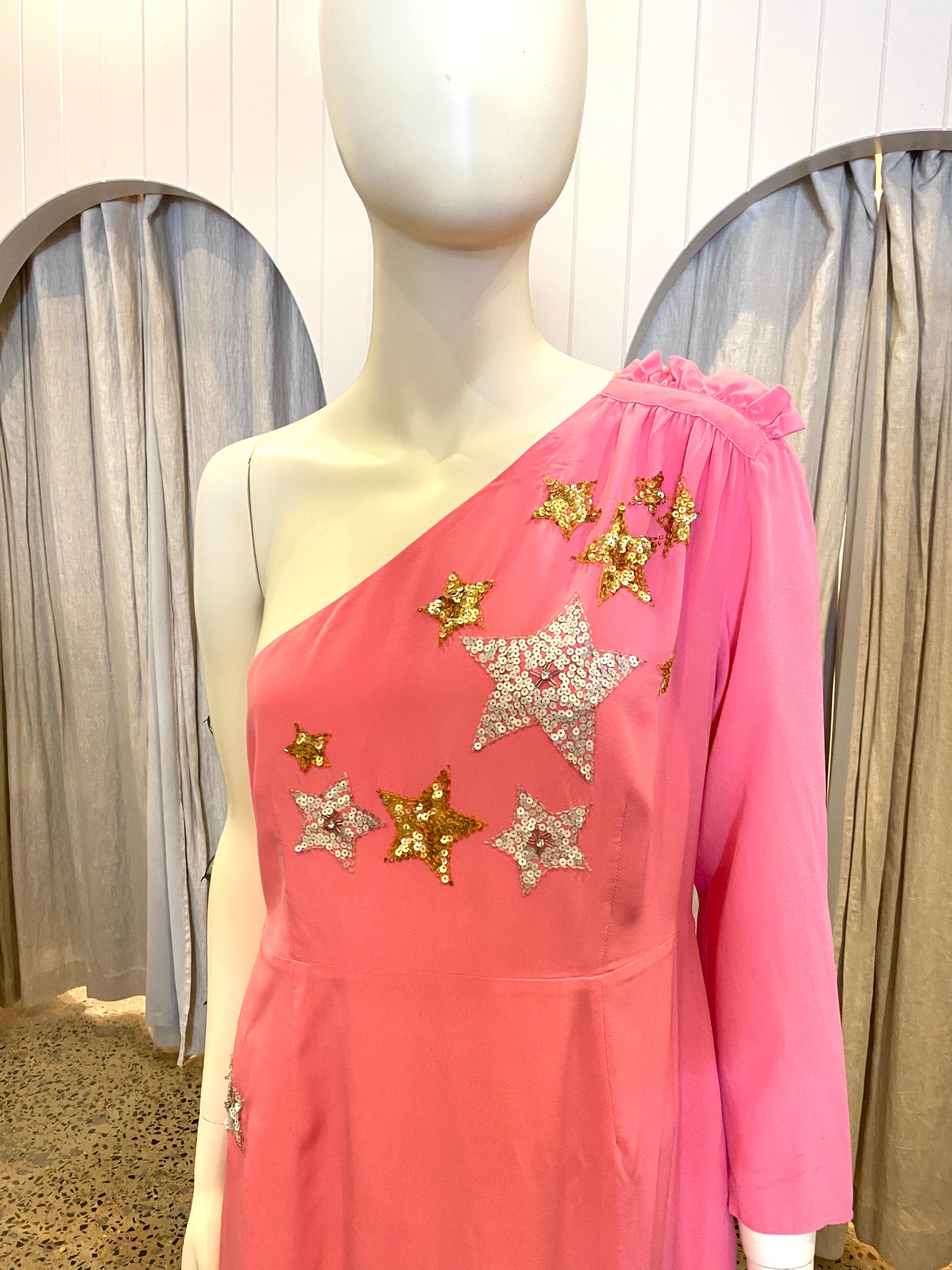 Rixo Pink Star Embroidered Dress - Size 12