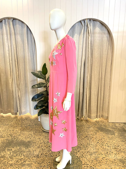 Rixo Pink Star Embroidered Dress - Size 12