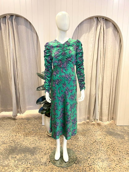 Husk Green Floral Silk Midi Dress - Size 8
