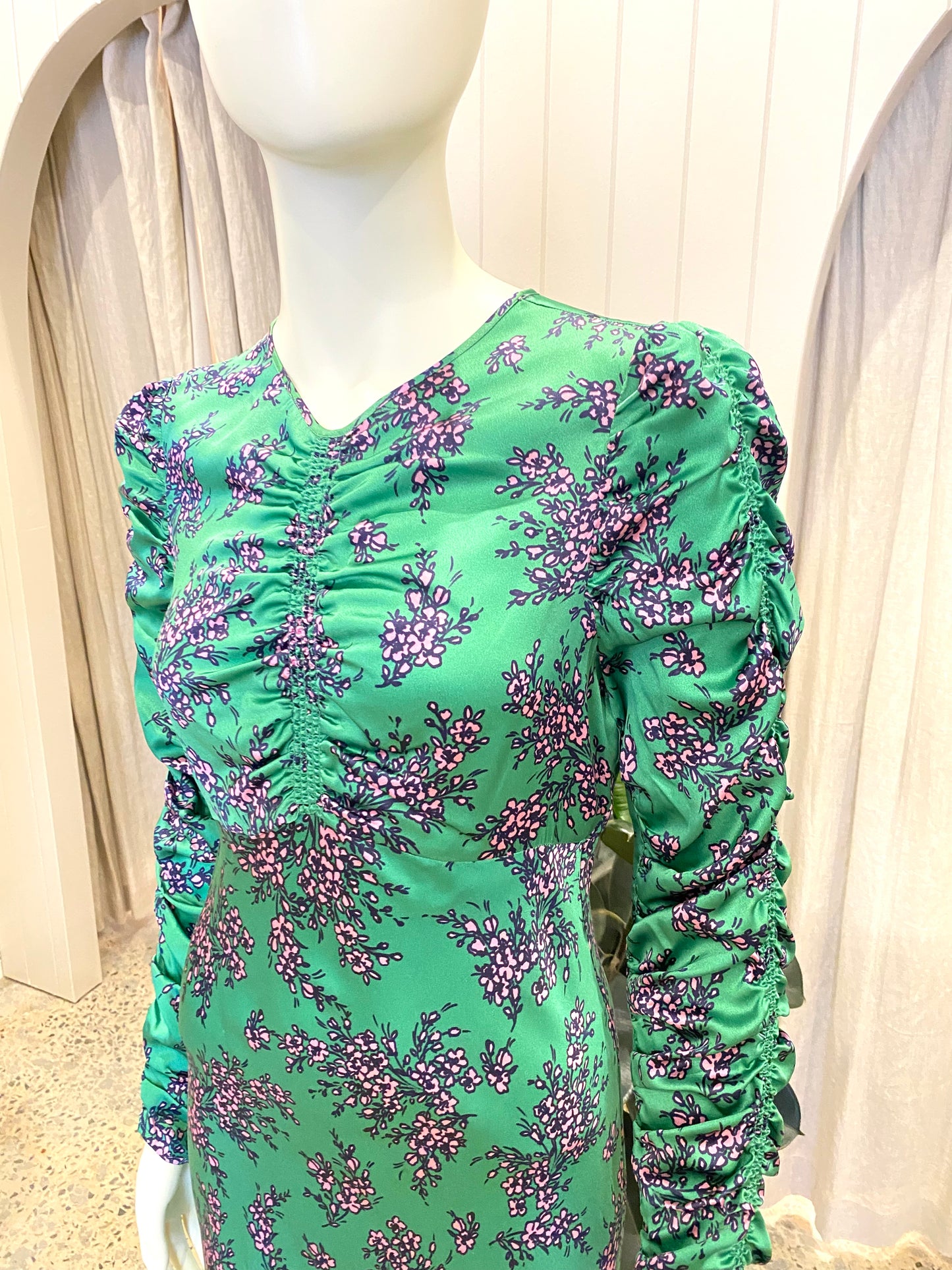 Husk Green Floral Silk Midi Dress - Size 8