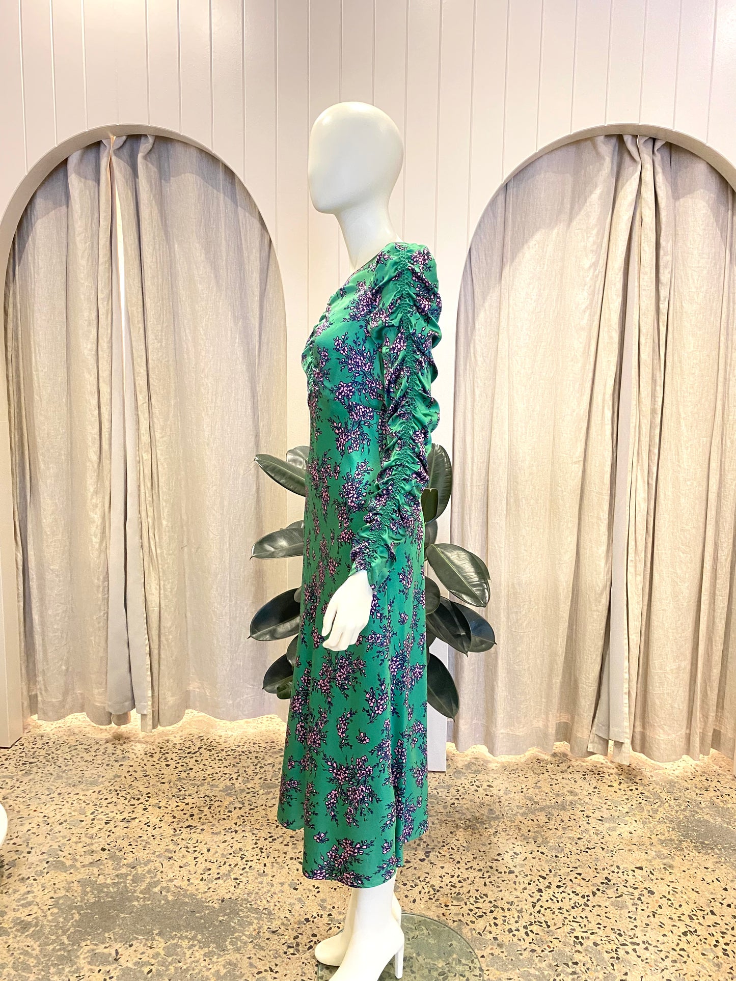 Husk Green Floral Silk Midi Dress - Size 8