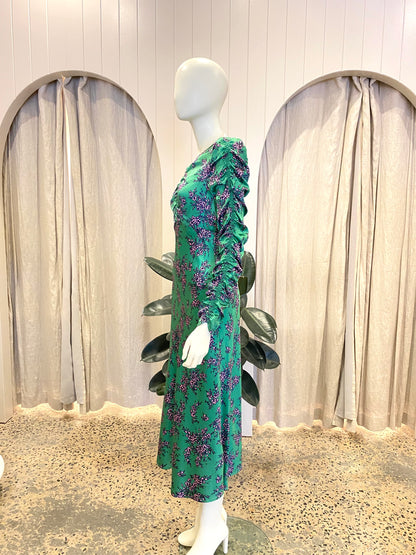 Husk Green Floral Silk Midi Dress - Size 8