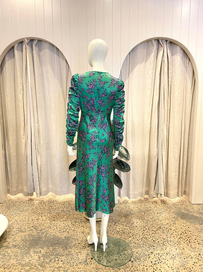 Husk Green Floral Silk Midi Dress - Size 8