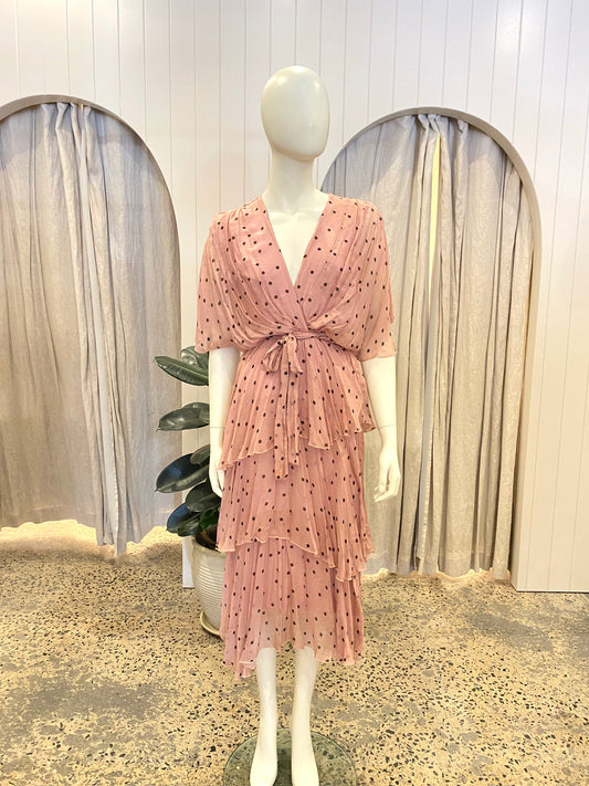 La Strada Pink Silk Blend Polka Dot Midi Dress - Size S